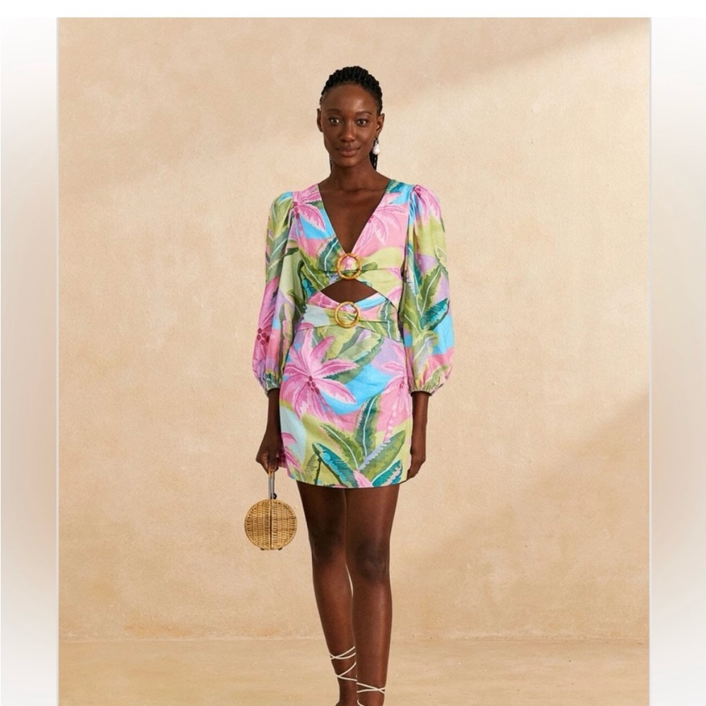 FARM Rio Tropical Floral Cutout Mini Dress in Pink, Blue & Green